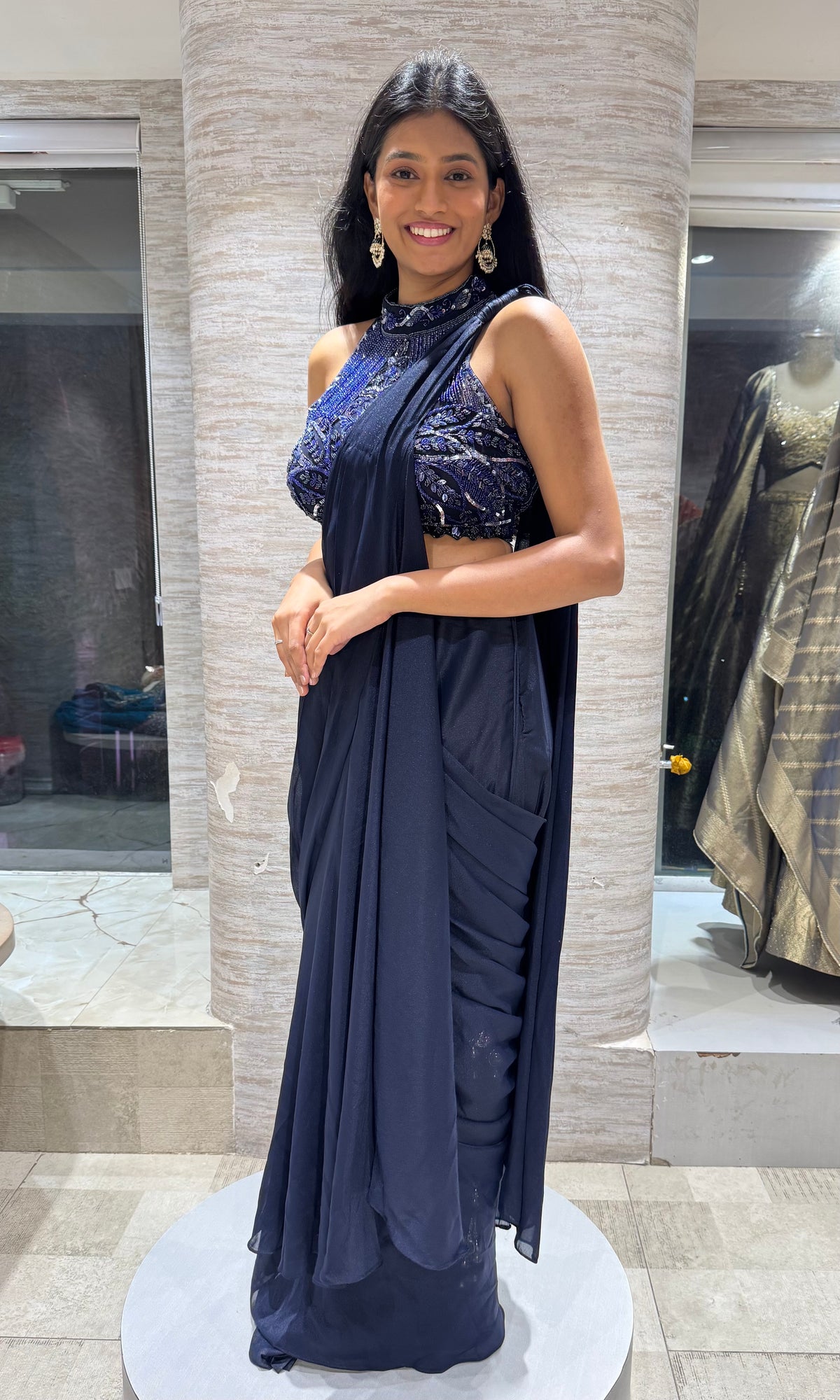 Blue Cocktail Ruffle drape Saree with embroidery halter blouse
