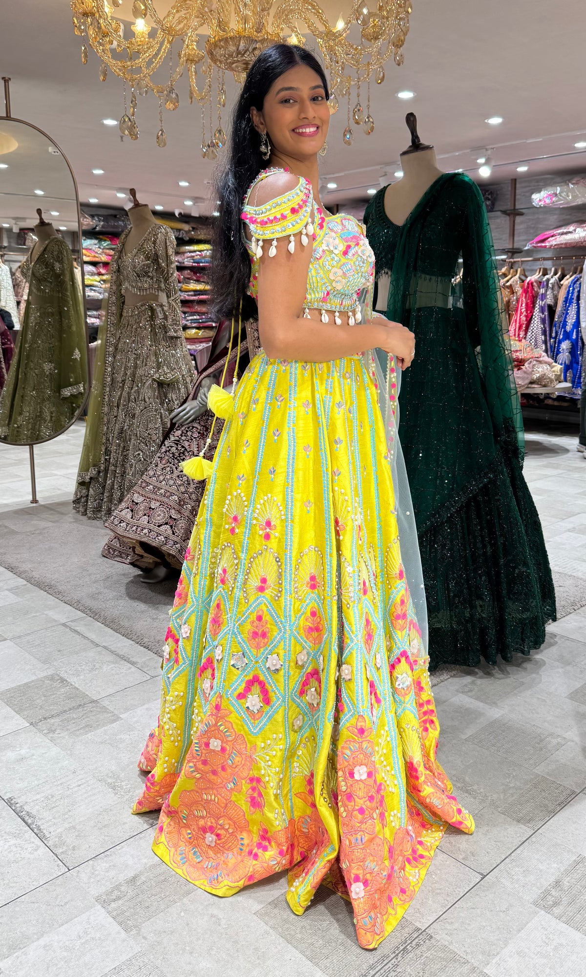 Lemon Yellow Floral Embroidered Lehenga Choli Set