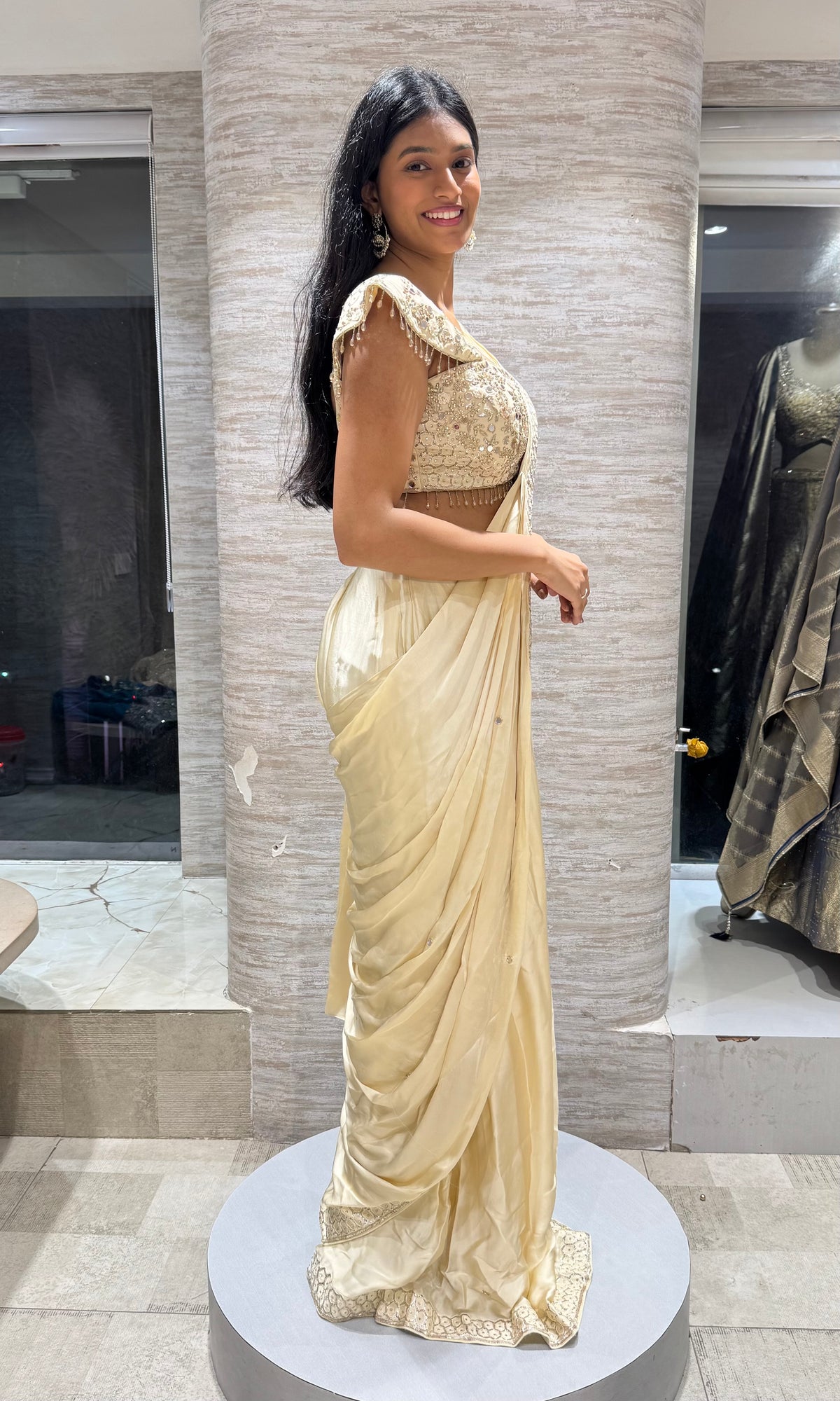 Champagne Golden Drape Saree with Sweetheart Cap-Sleeve Cut blouse
