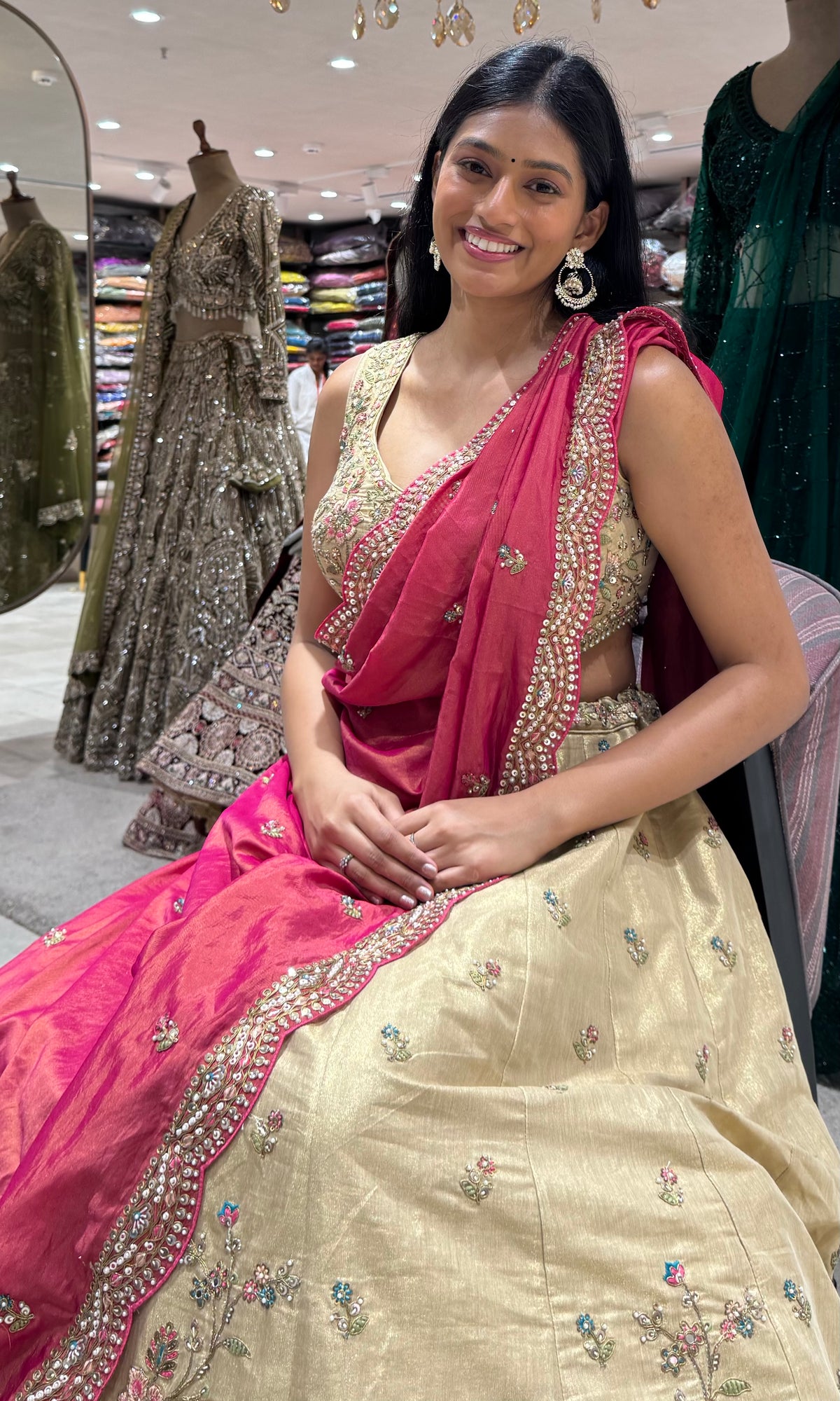 Gold Embroidered Lehenga Choli Set with Pink Dupatta