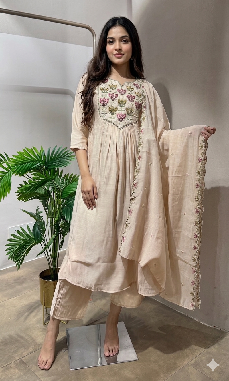 IVORY LOTUS EMBROIDERY MUL CHANDERI KURTA SET