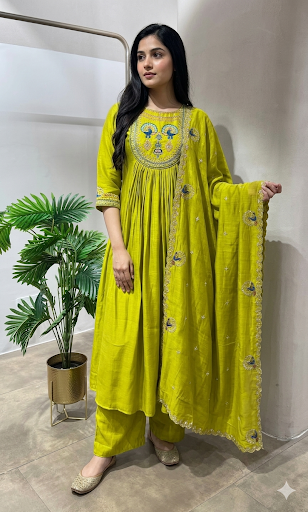 GREEN PEACOCK EMBROIDERY MUL CHANDERI KURTA SET