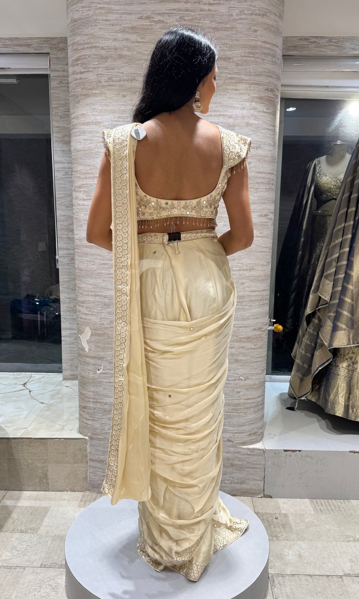 Champagne Golden Drape Saree with Sweetheart Cap-Sleeve Cut blouse