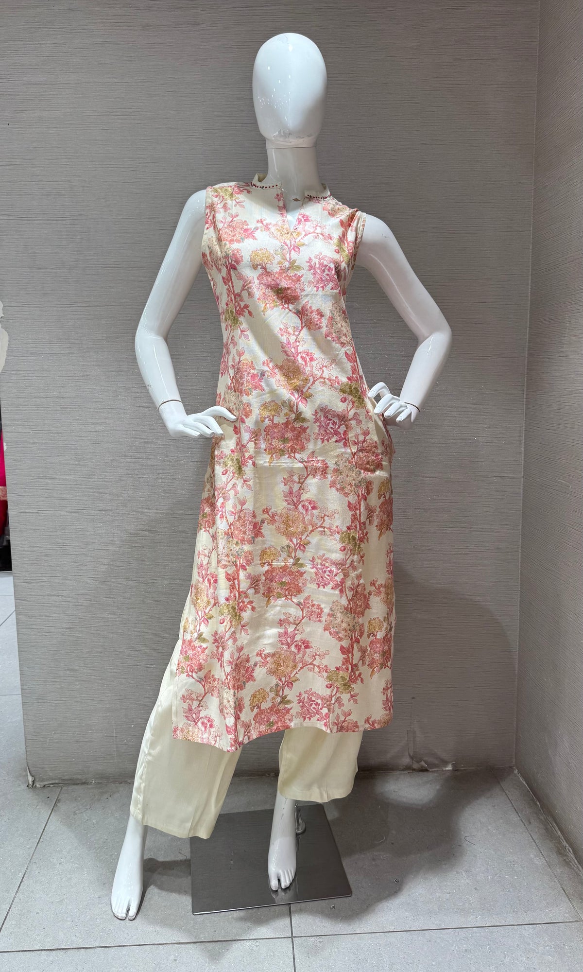 ivory with Rose floral silk blend kurti with bottom