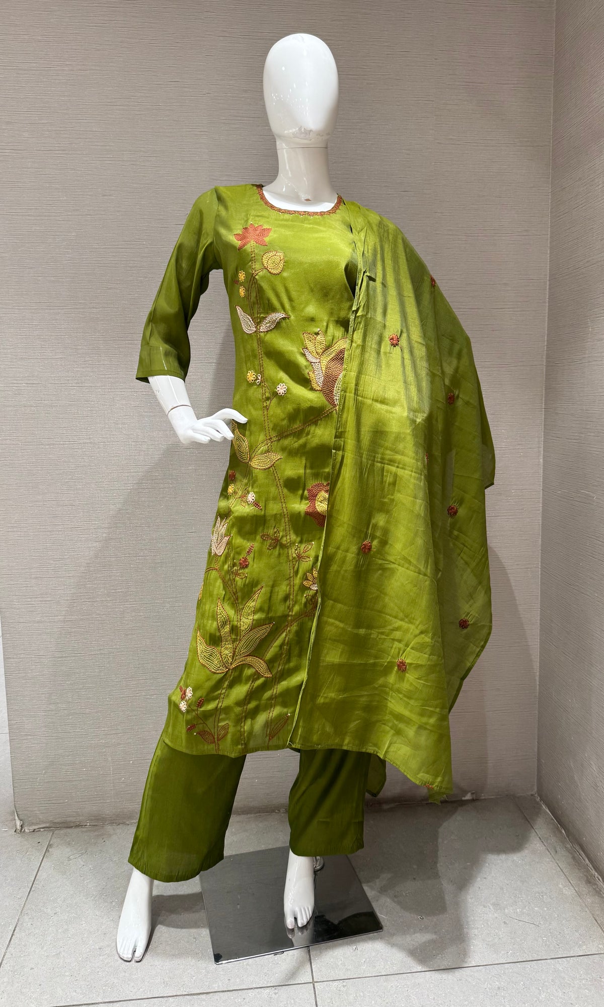 Olive Green Floral Embroidered Cotton Kurta Set