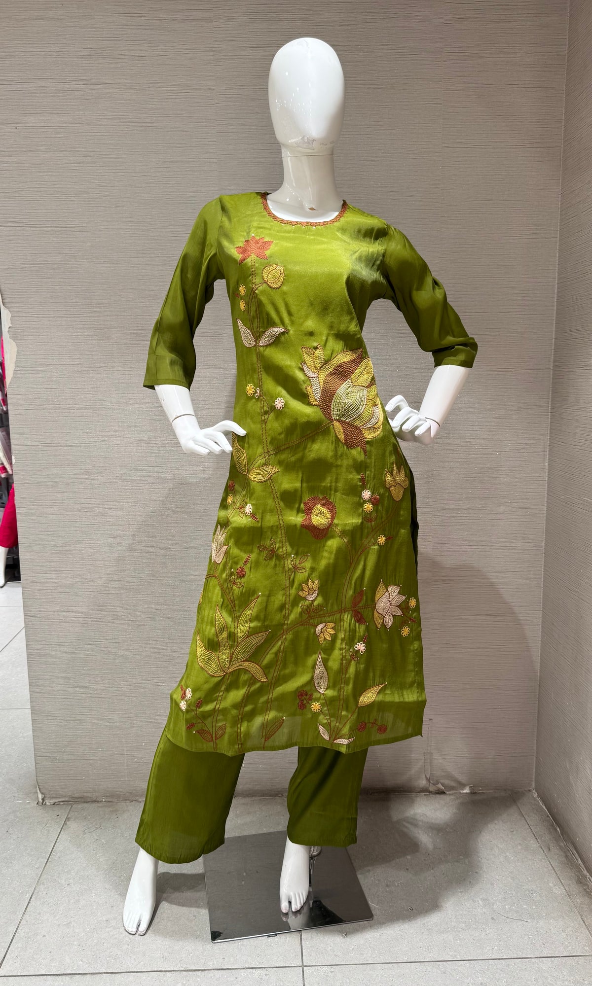 Olive Green Floral Embroidered Cotton Kurta Set