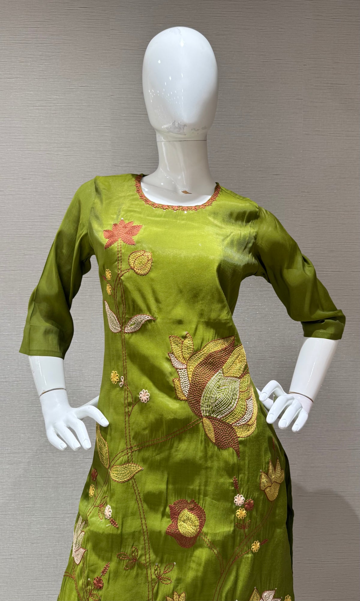 Olive Green Floral Embroidered Cotton Kurta Set
