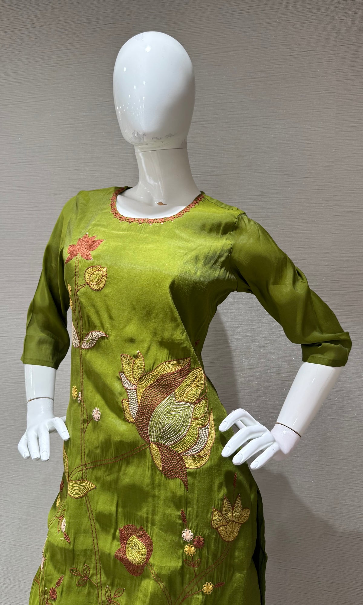 Olive Green Floral Embroidered Cotton Kurta Set