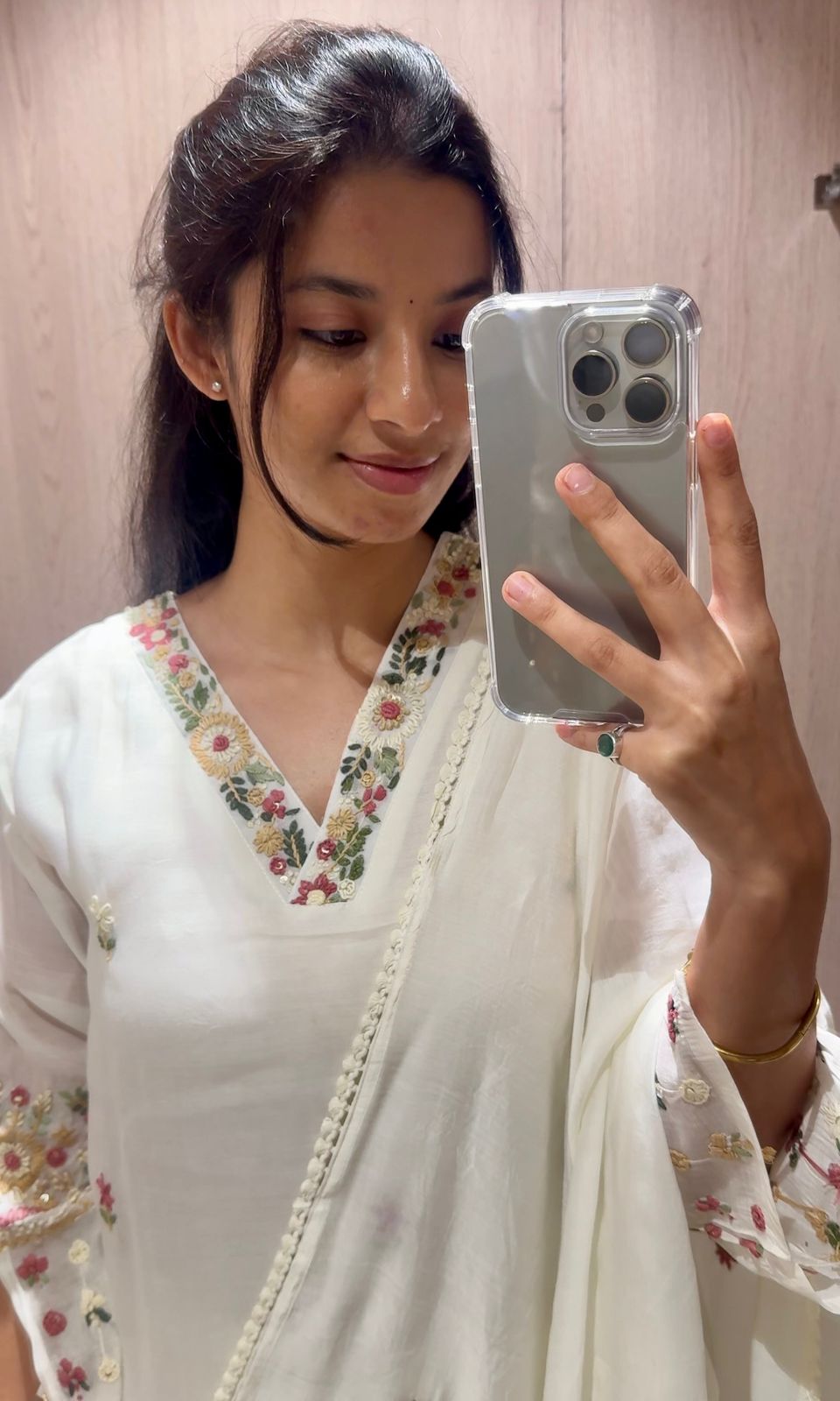 CREAM Floral Neckline MUL CHANDERI Kurta Set