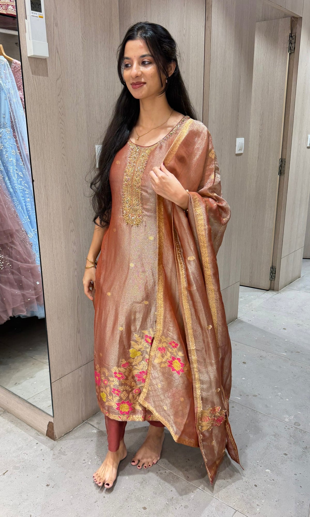 Rust floral Tissue Silk Banarasi kurta Set with dupatta