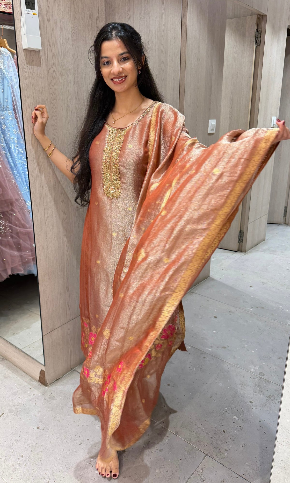 Rust floral Tissue Silk Banarasi kurta Set with dupatta