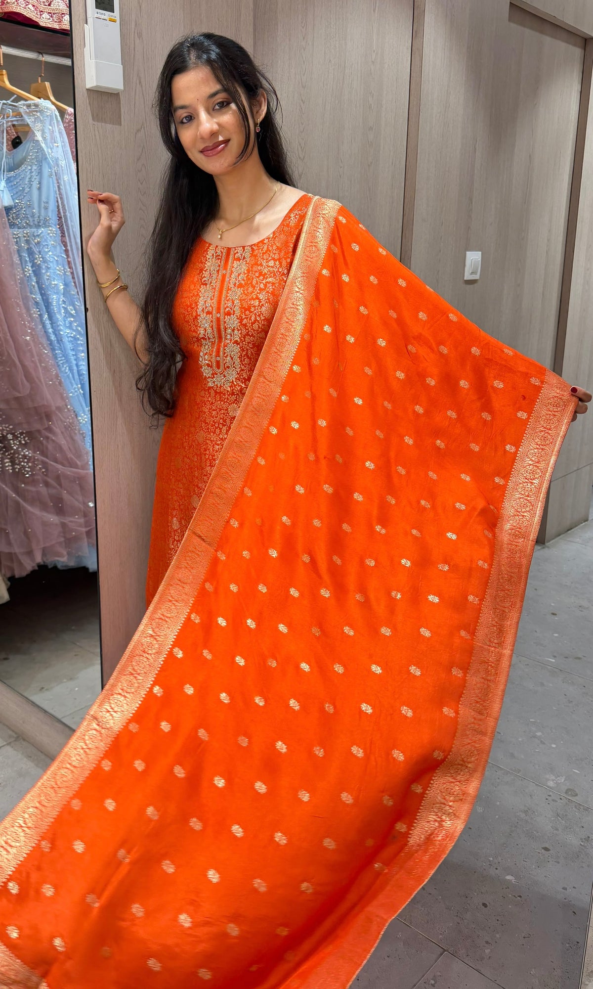 Radiant Orange Banarasi Brocade Kurta set with dupatta