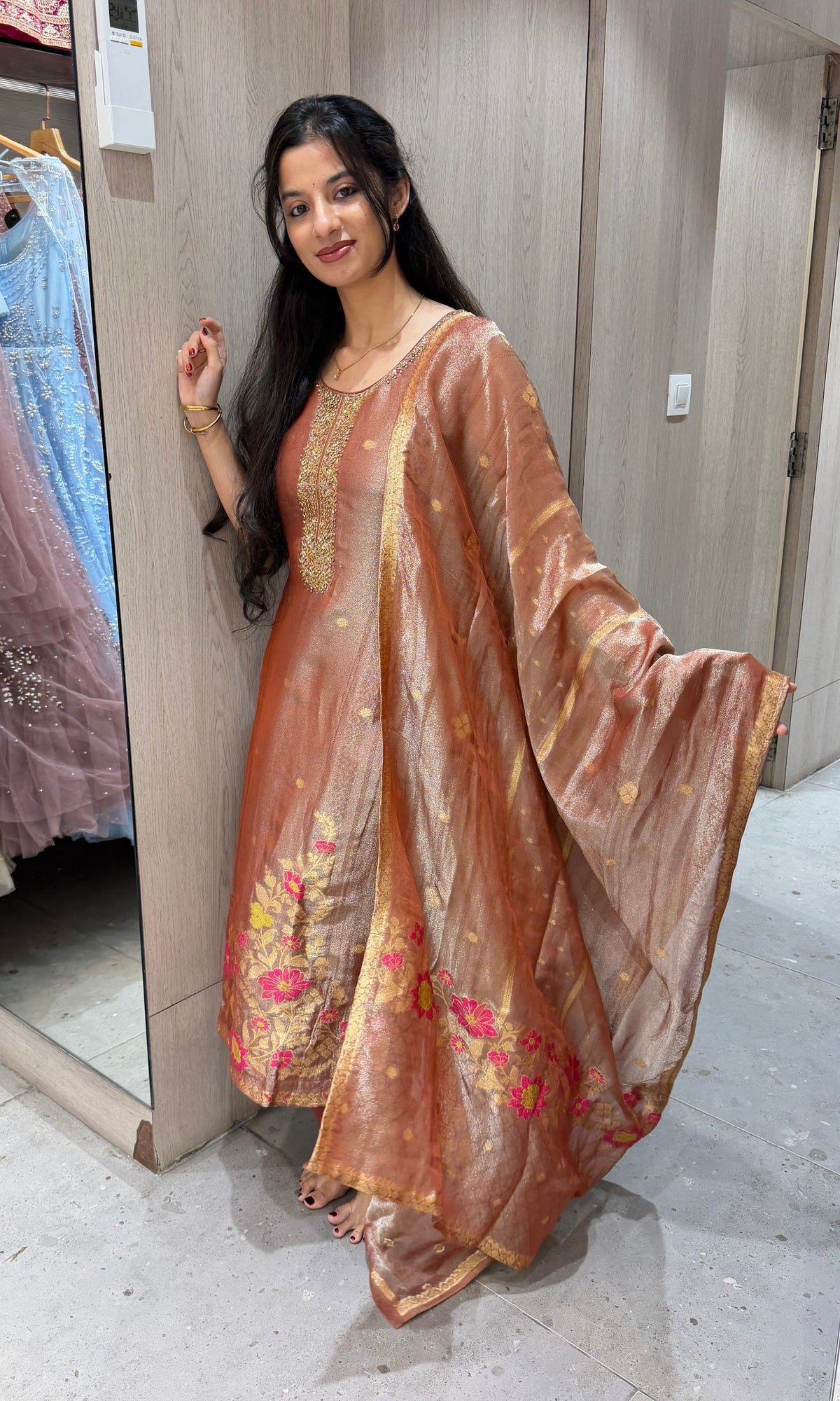 Rust floral Tissue Silk Banarasi kurta Set with dupatta