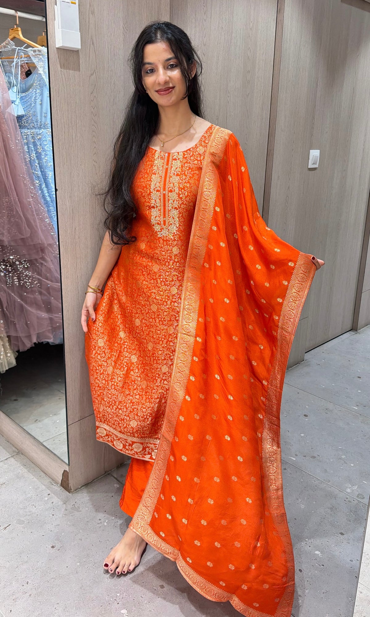 Radiant Orange Banarasi Brocade Kurta set with dupatta