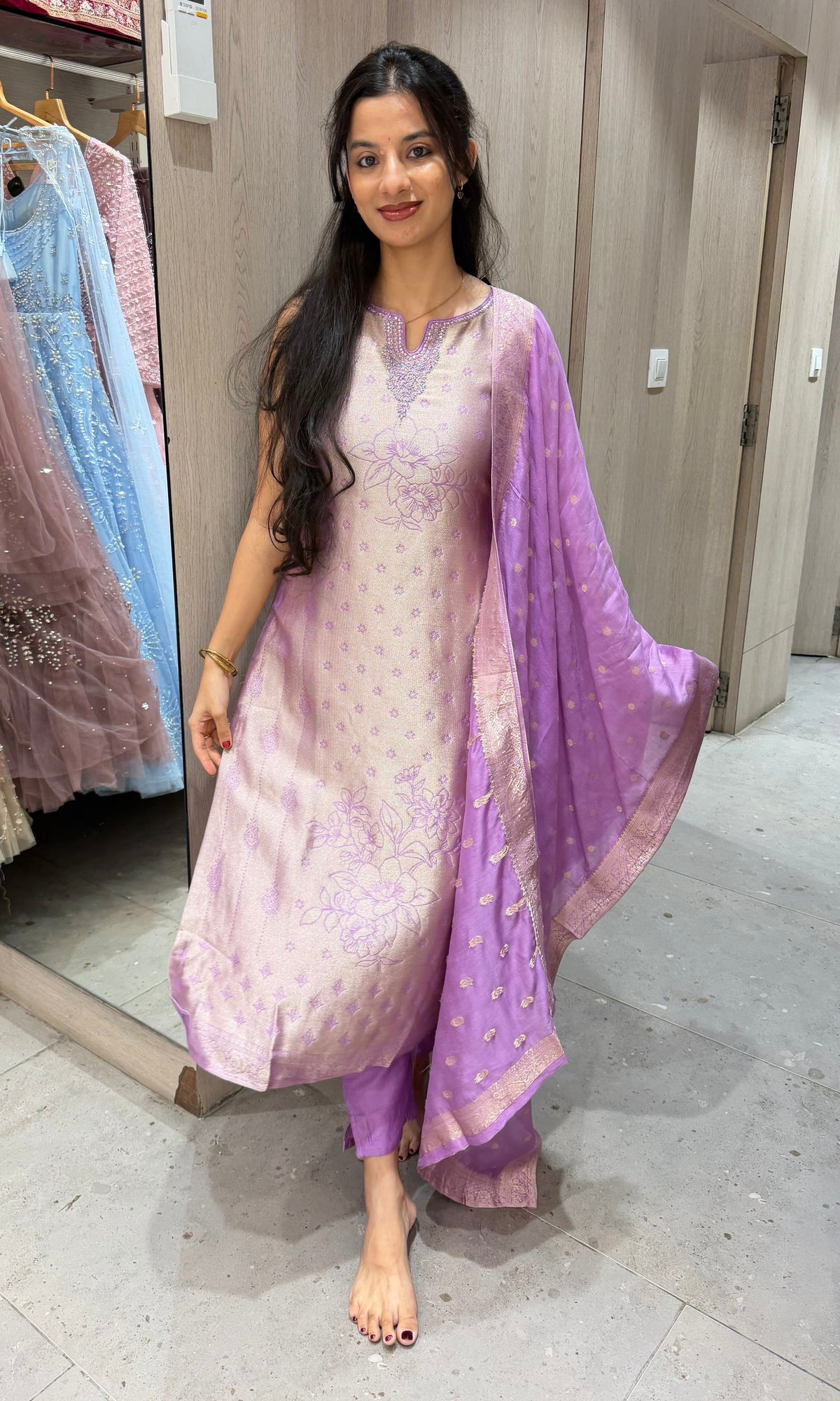 Lavander banarasi silk Embroidered Kurta Set with Dupatta