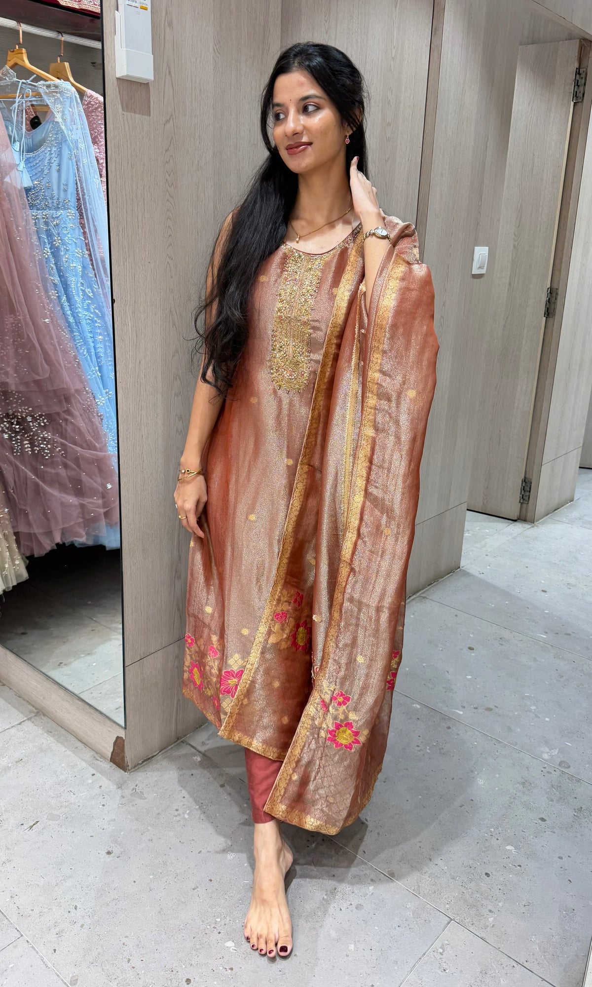 Rust floral Tissue Silk Banarasi kurta Set with dupatta