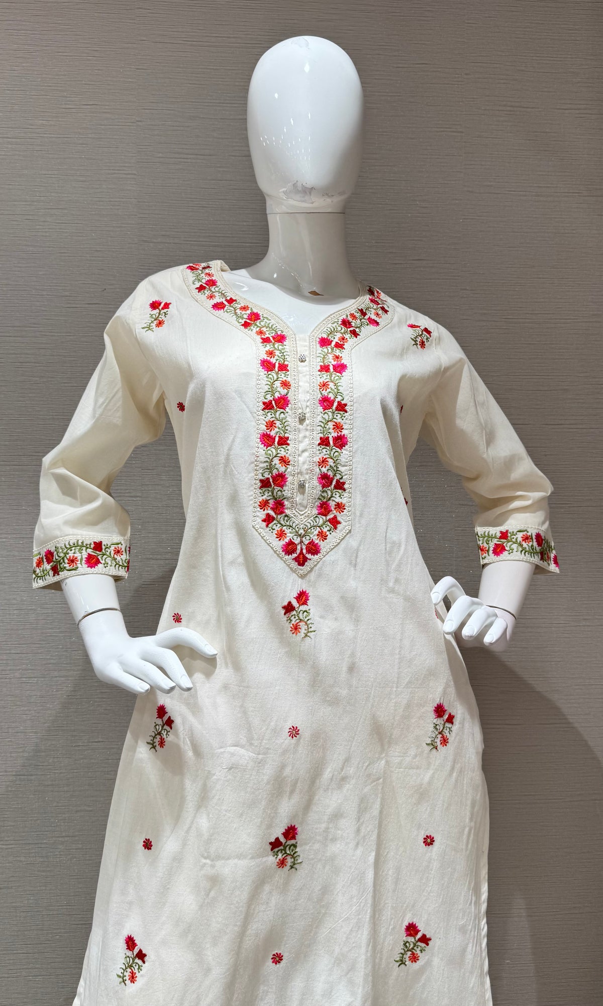 Cream Mul Chanderi Kurta Set with Red & Green Embroidery