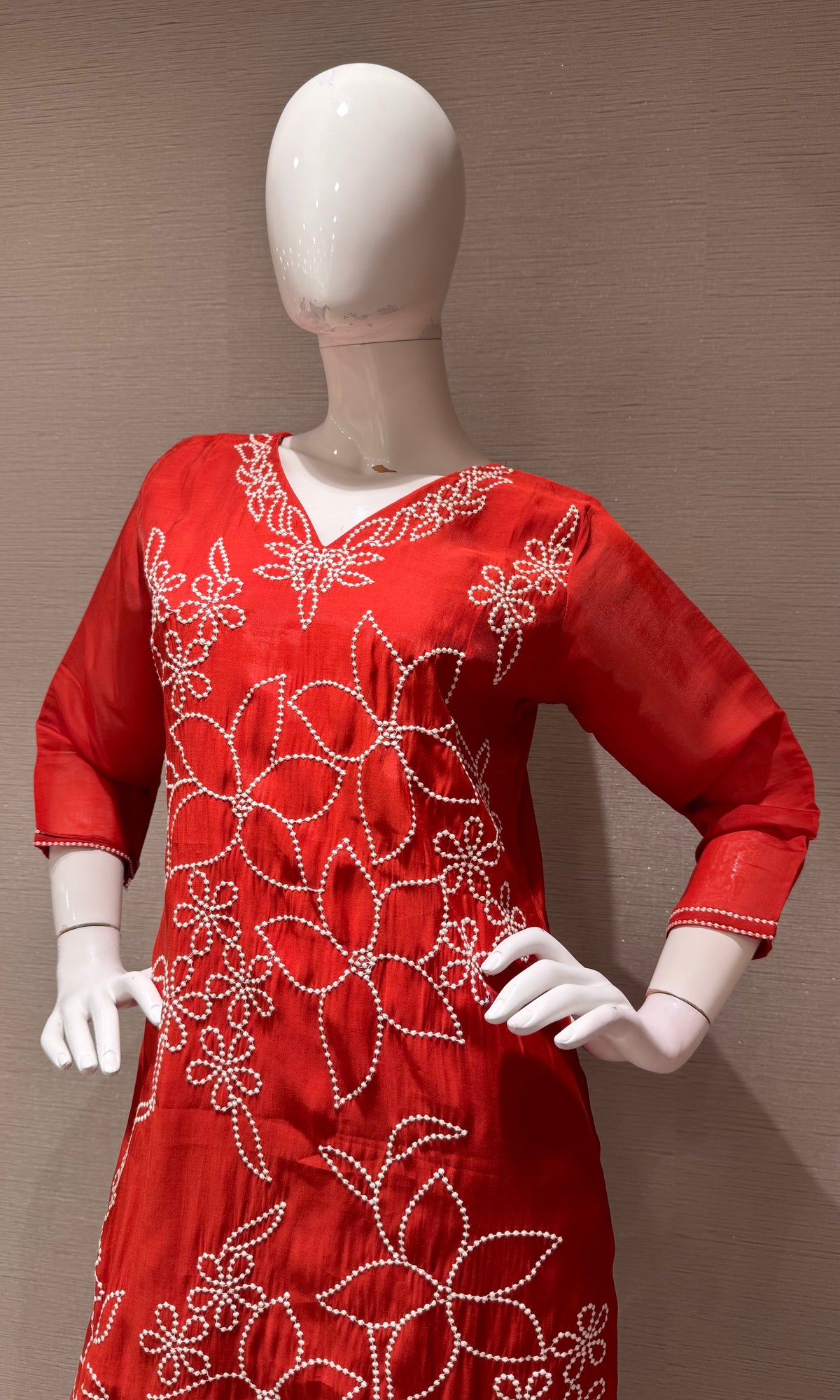 Rust cotton Thread Floral Kurta set with Dupatta