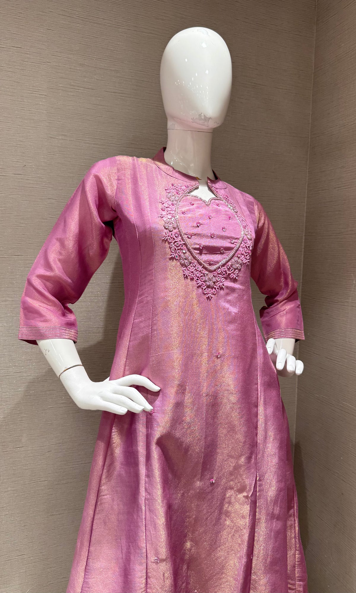 Lilac Silk Kurta Set with Embroidery Neckline & Zari Dupatta