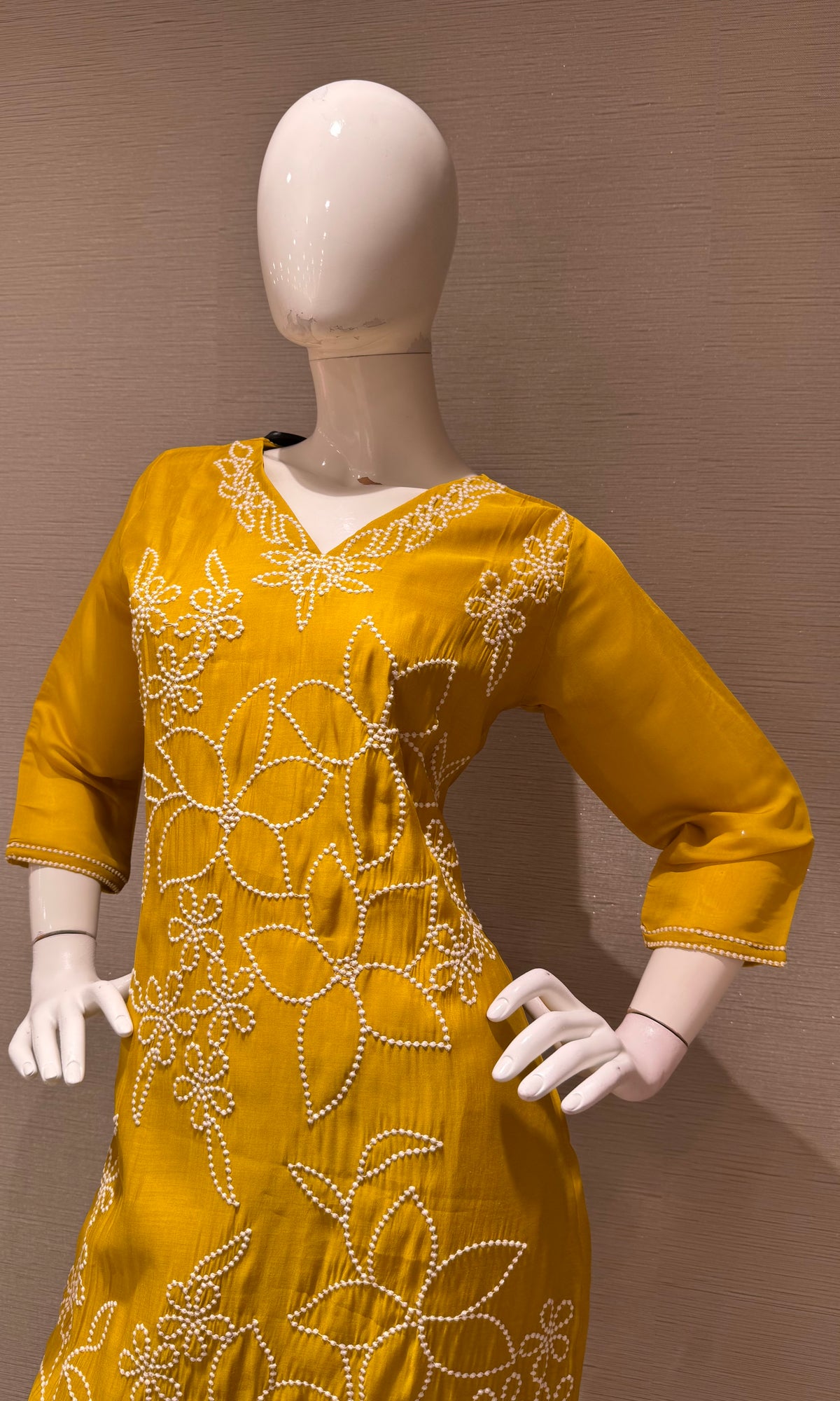Mustard yellow cotton Thread Floral Kurta set with Dupatta