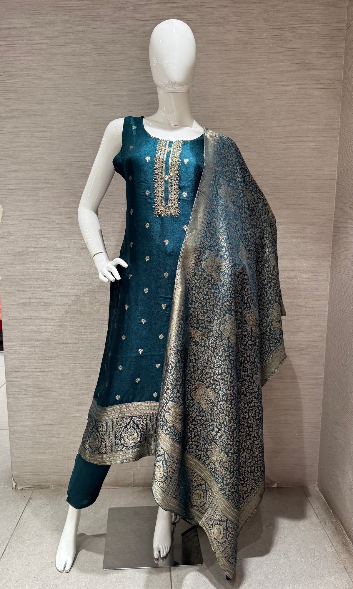 Green Embroidered Silk Kurta Set with Banarasi Dupatta