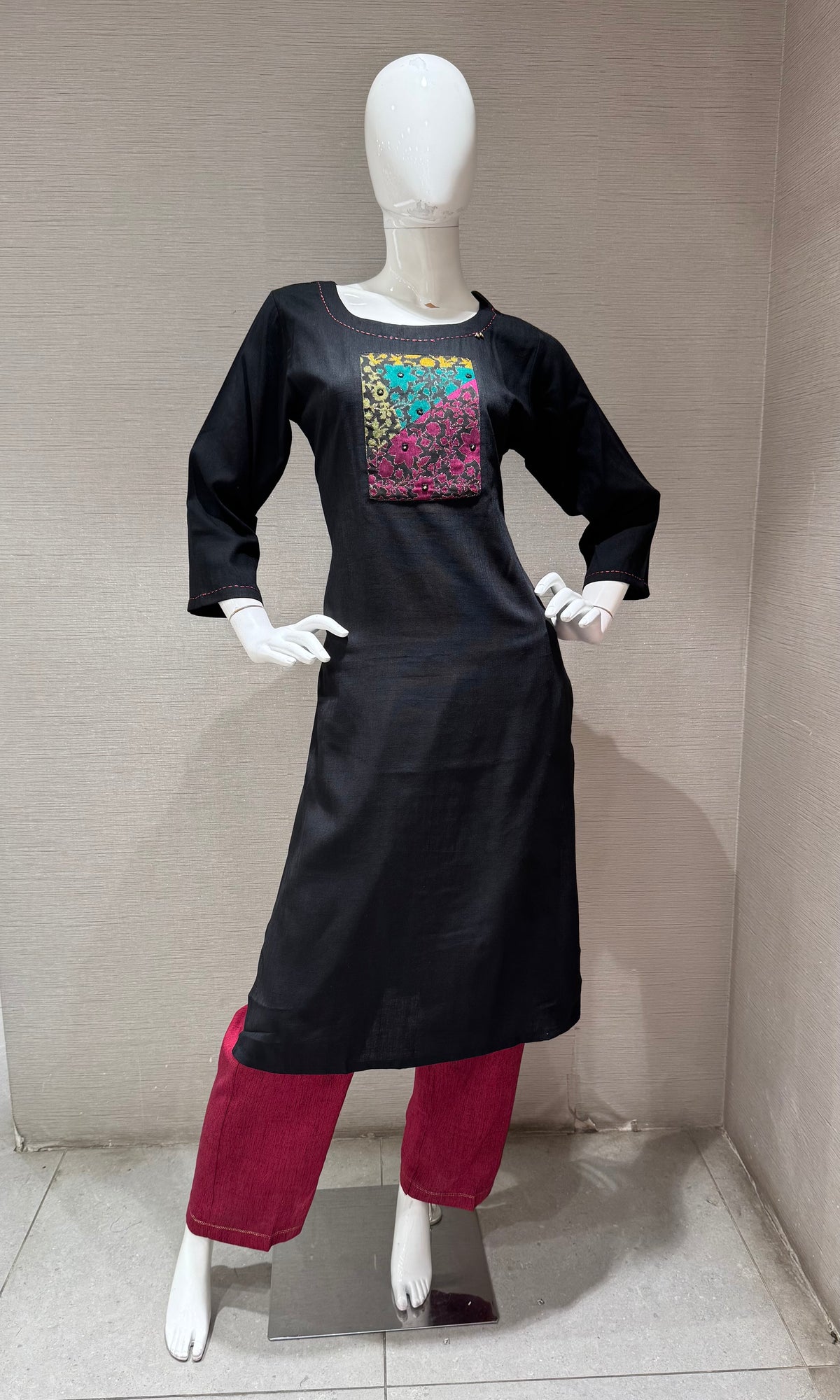 Black Cotton Contrast Multicolor Patchwork Kurti with bottom