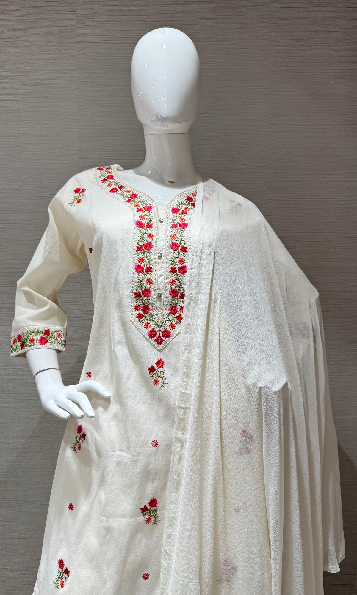 Cream Mul Chanderi Kurta Set with Red & Green Embroidery