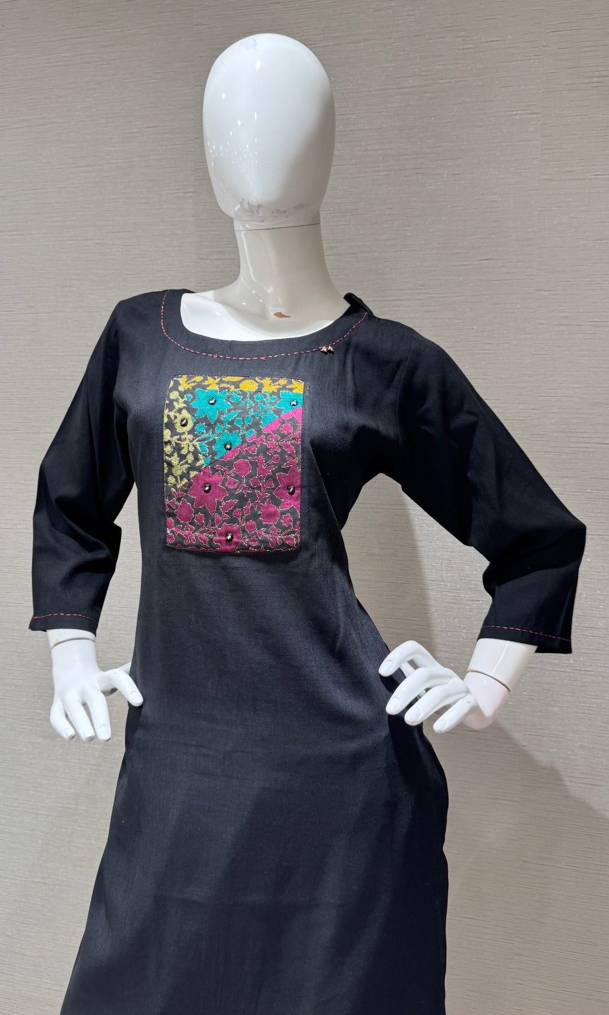 Black Cotton Contrast Multicolor Patchwork Kurti with bottom