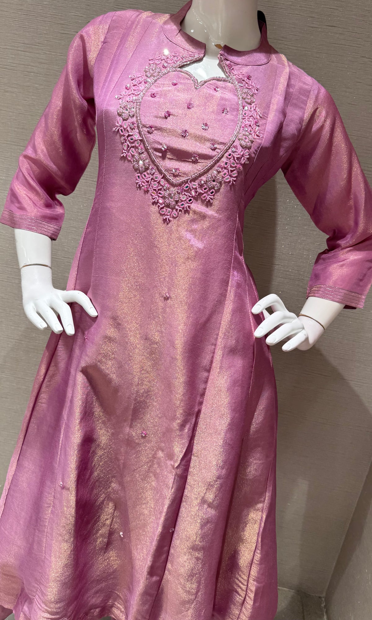 Lilac Silk Kurta Set with Embroidery Neckline & Zari Dupatta