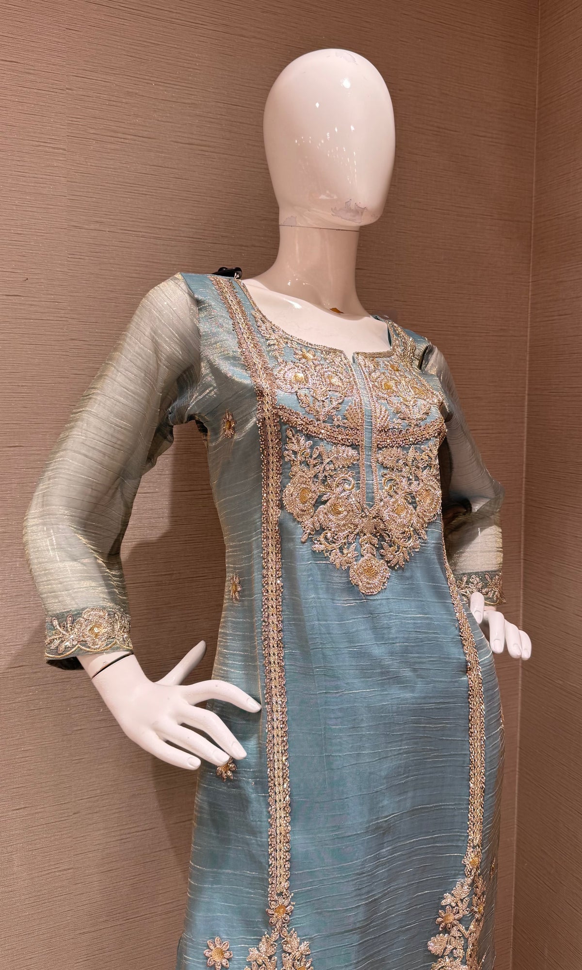 Blue Sheer Organza Salwar Kurta set with Dupatta
