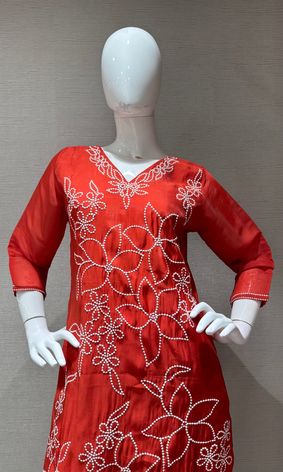 Rust cotton Thread Floral Kurta set with Dupatta