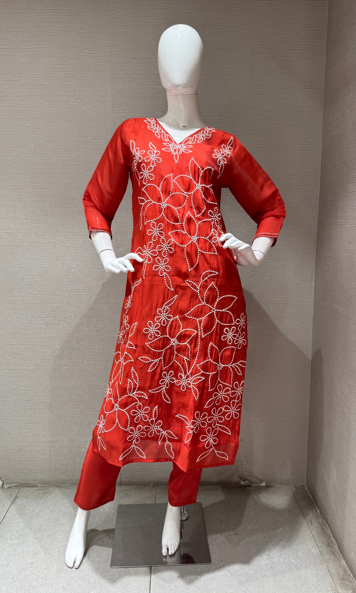 Rust cotton Thread Floral Kurta set with Dupatta