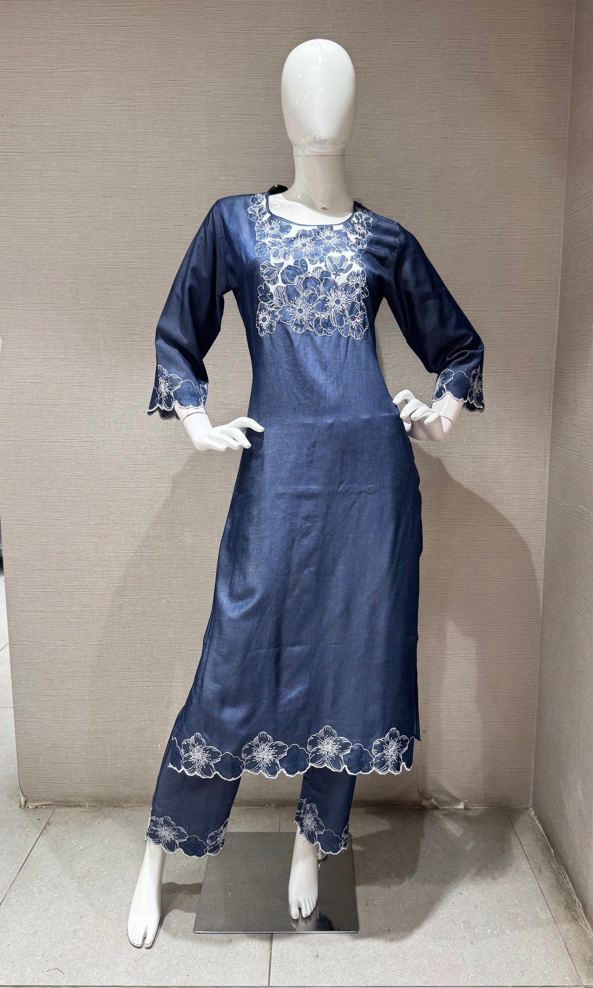 Navy Blue Floral silk Embroidery Kurta top & bottom