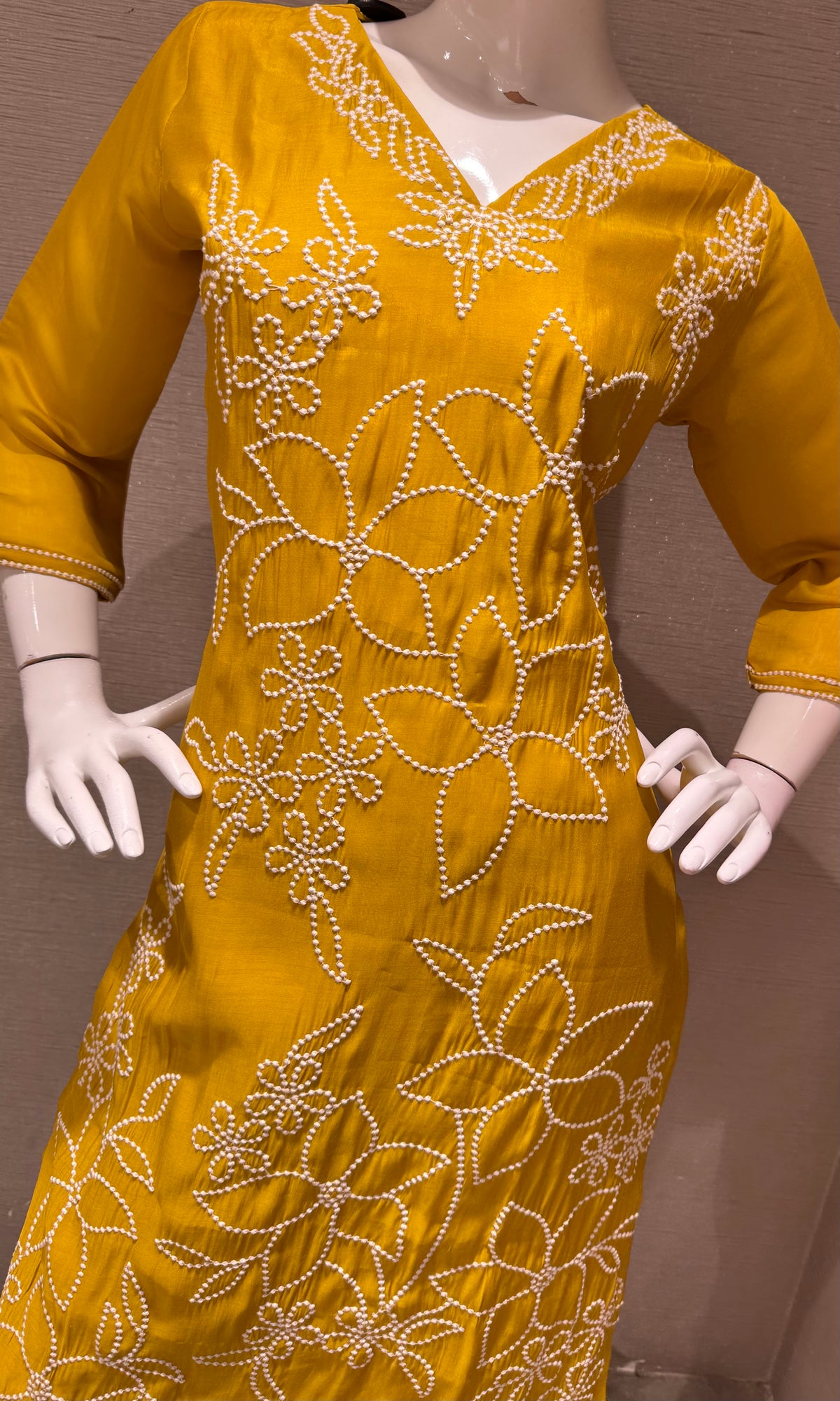 Mustard yellow cotton Thread Floral Kurta set with Dupatta