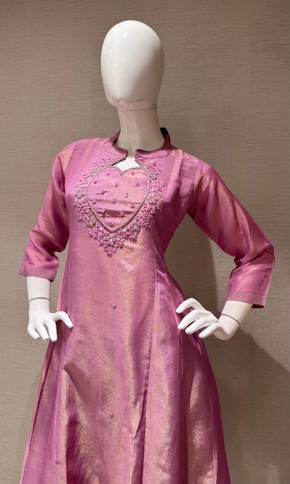 Lilac Silk Kurta Set with Embroidery Neckline & Zari Dupatta