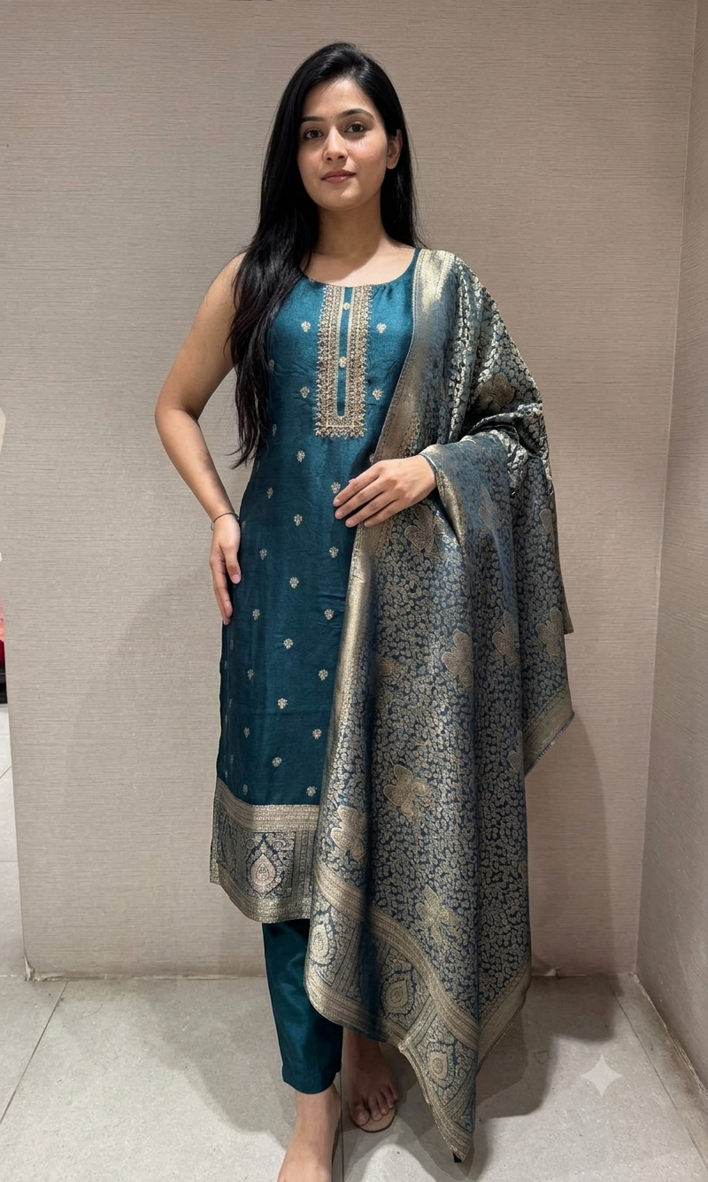 Green Embroidered Silk Kurta Set with Banarasi Dupatta