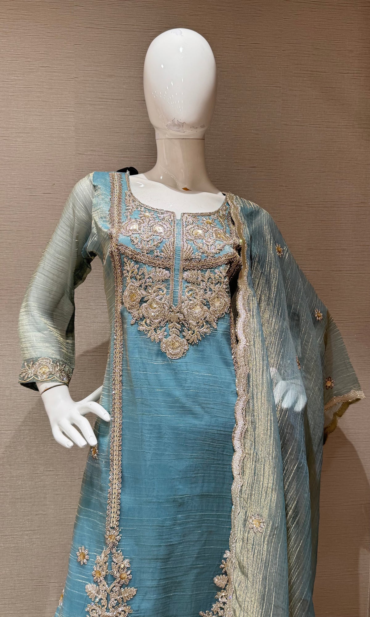Blue Sheer Organza Salwar Kurta set with Dupatta