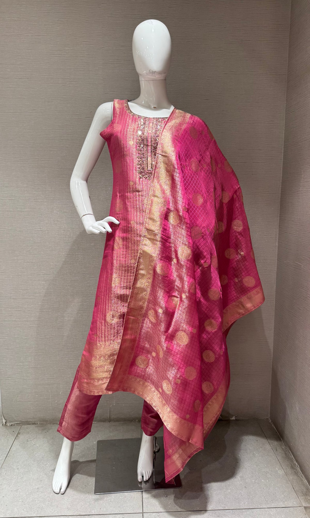 Pink Banarasi Silk Straight Kurta Set with Zari Dupatta