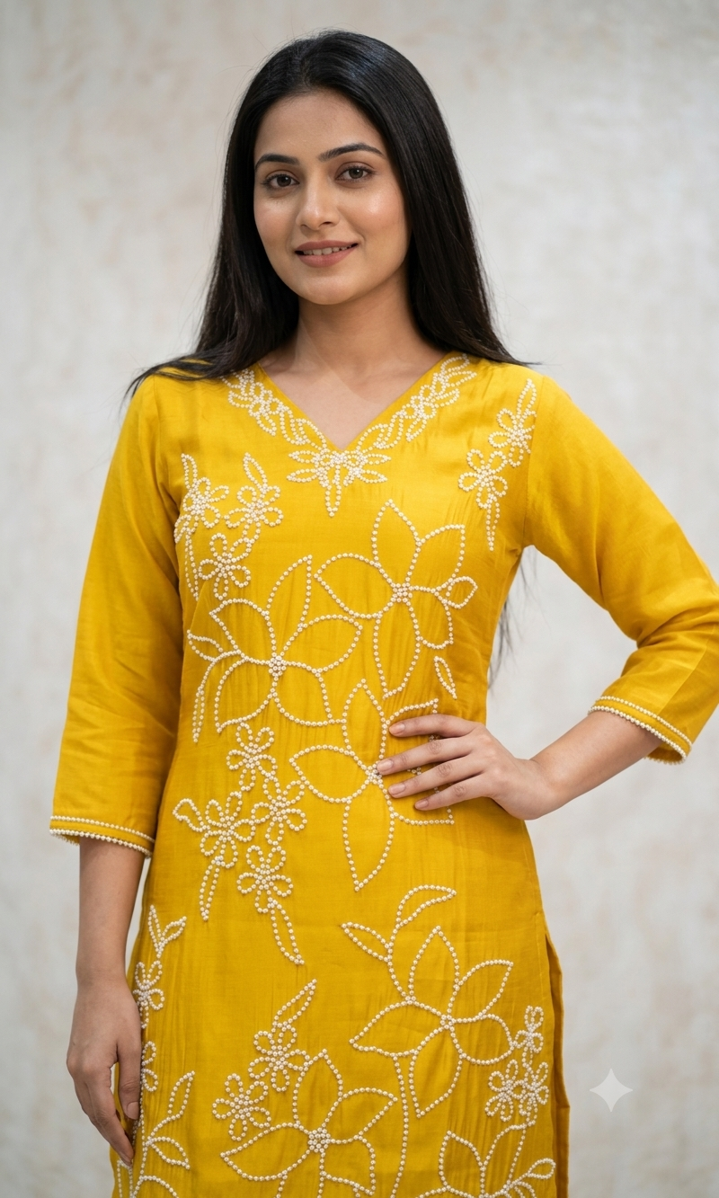 Mustard yellow cotton Thread Floral Kurta set with Dupatta