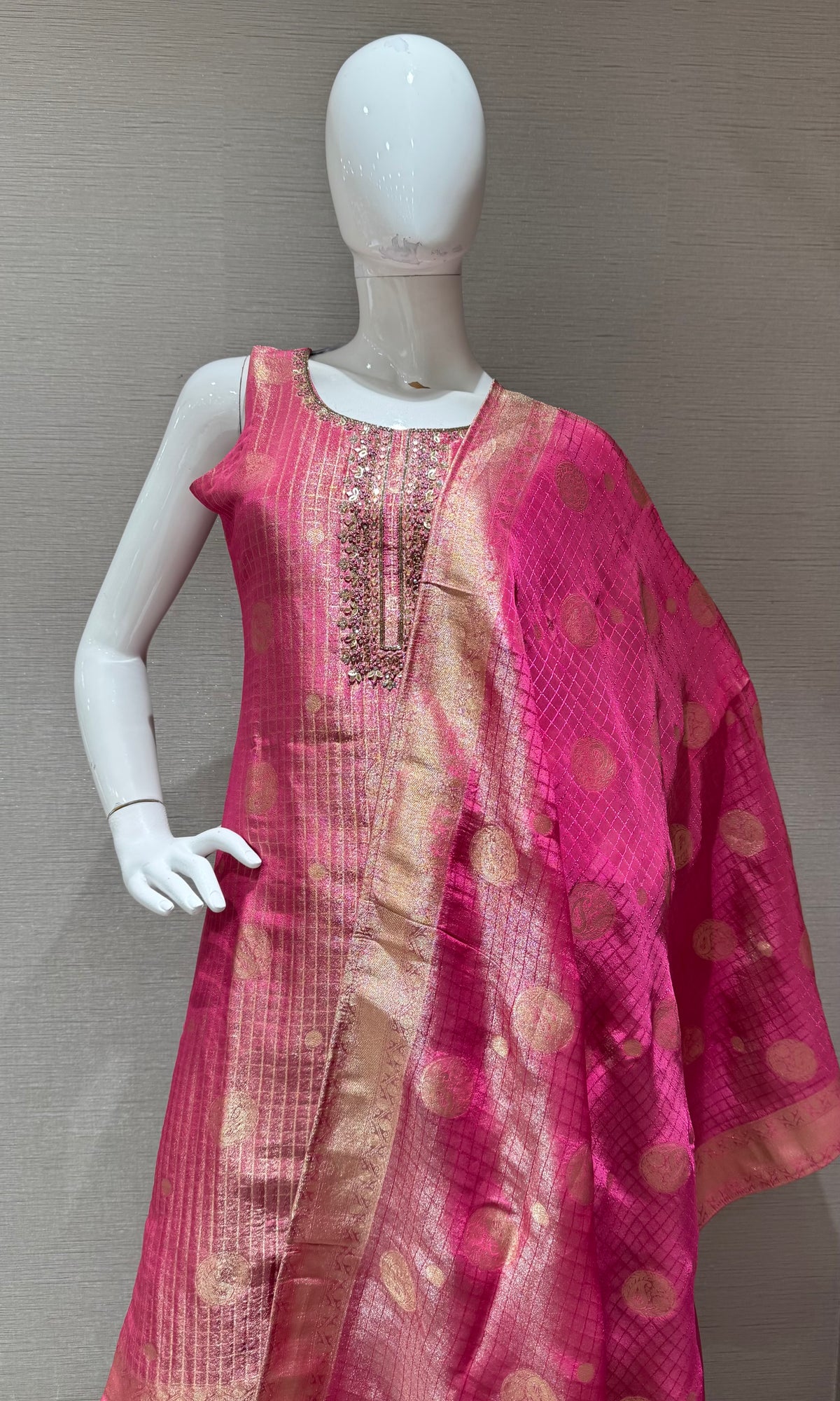 Pink Banarasi Silk Straight Kurta Set with Zari Dupatta