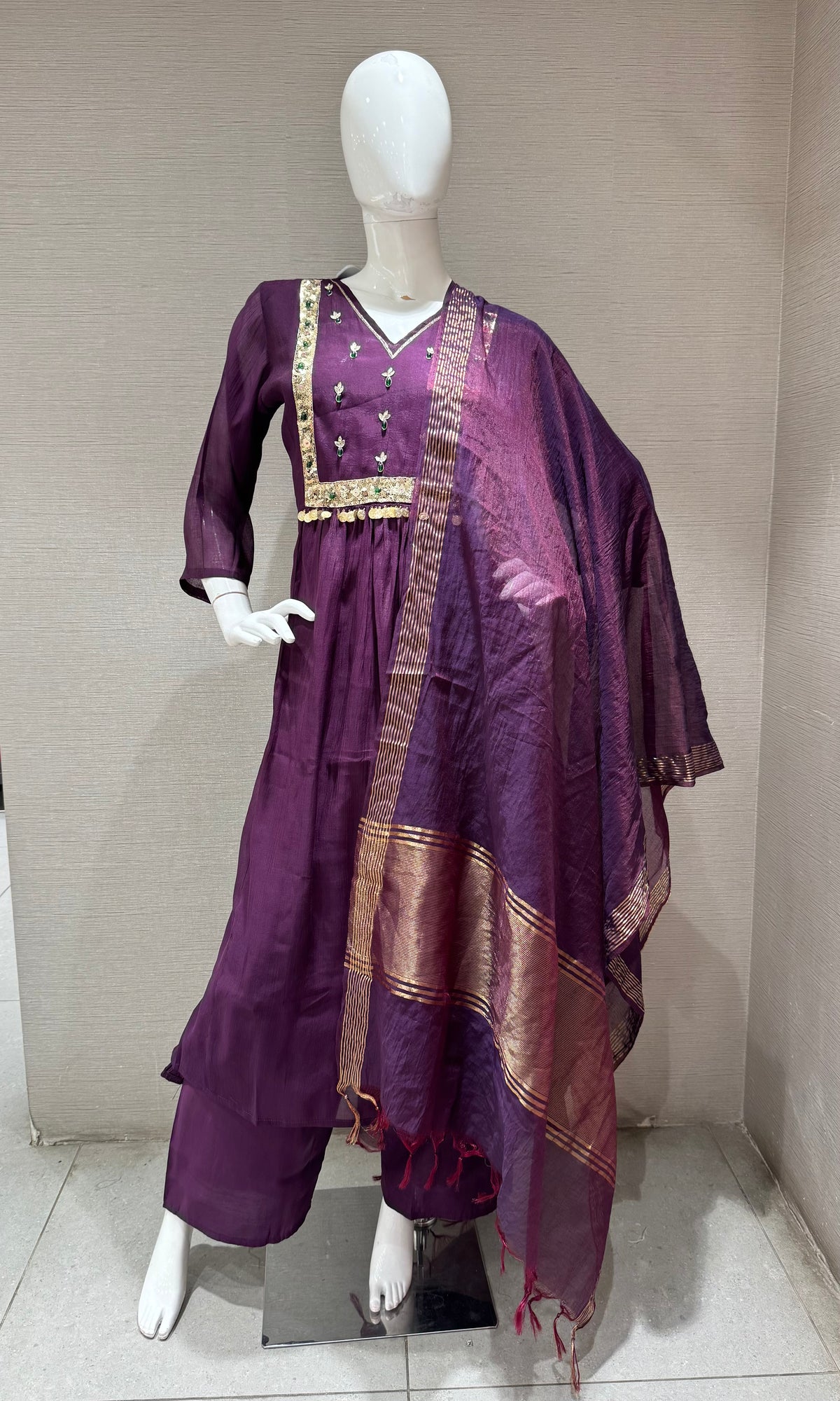 PURPLE ETHNIC CHANDERI KURTA SET WITH DUPATTA