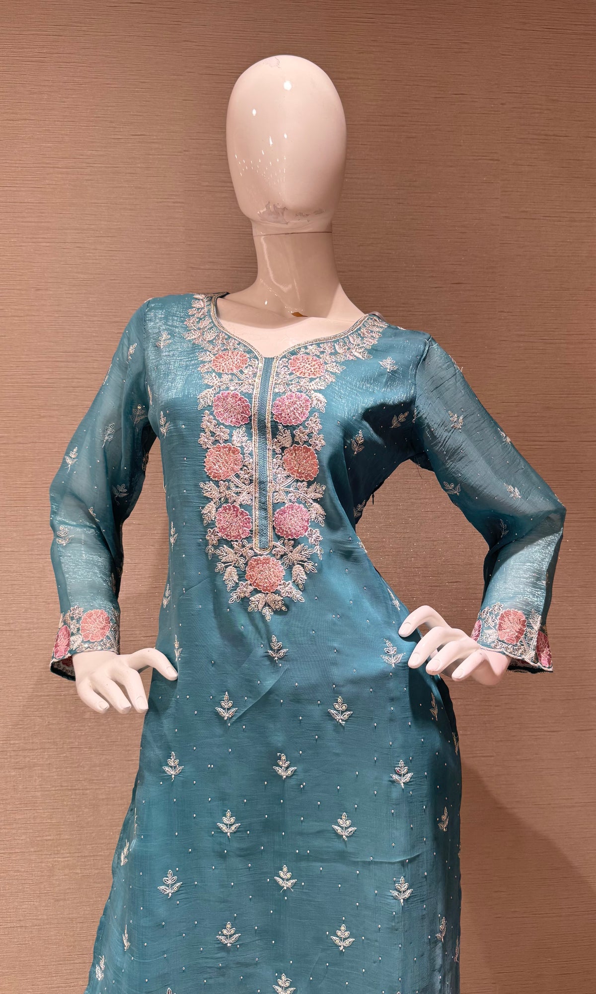 Blue Floral Embroidered Chinon Silk Salwar Kurta Set with Dupatta