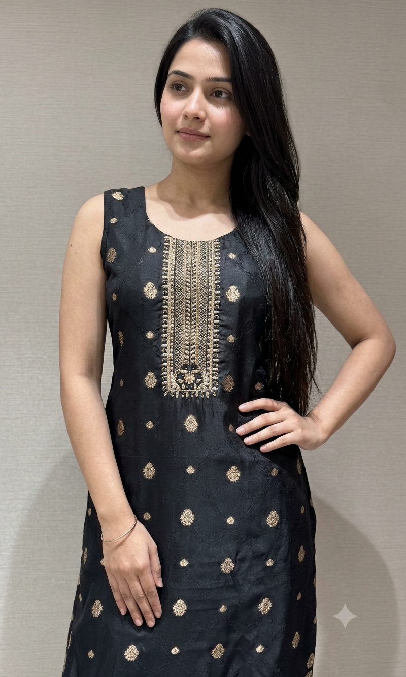 Regal Black with Gold Embroidered banarasi kurta set with dupatta
