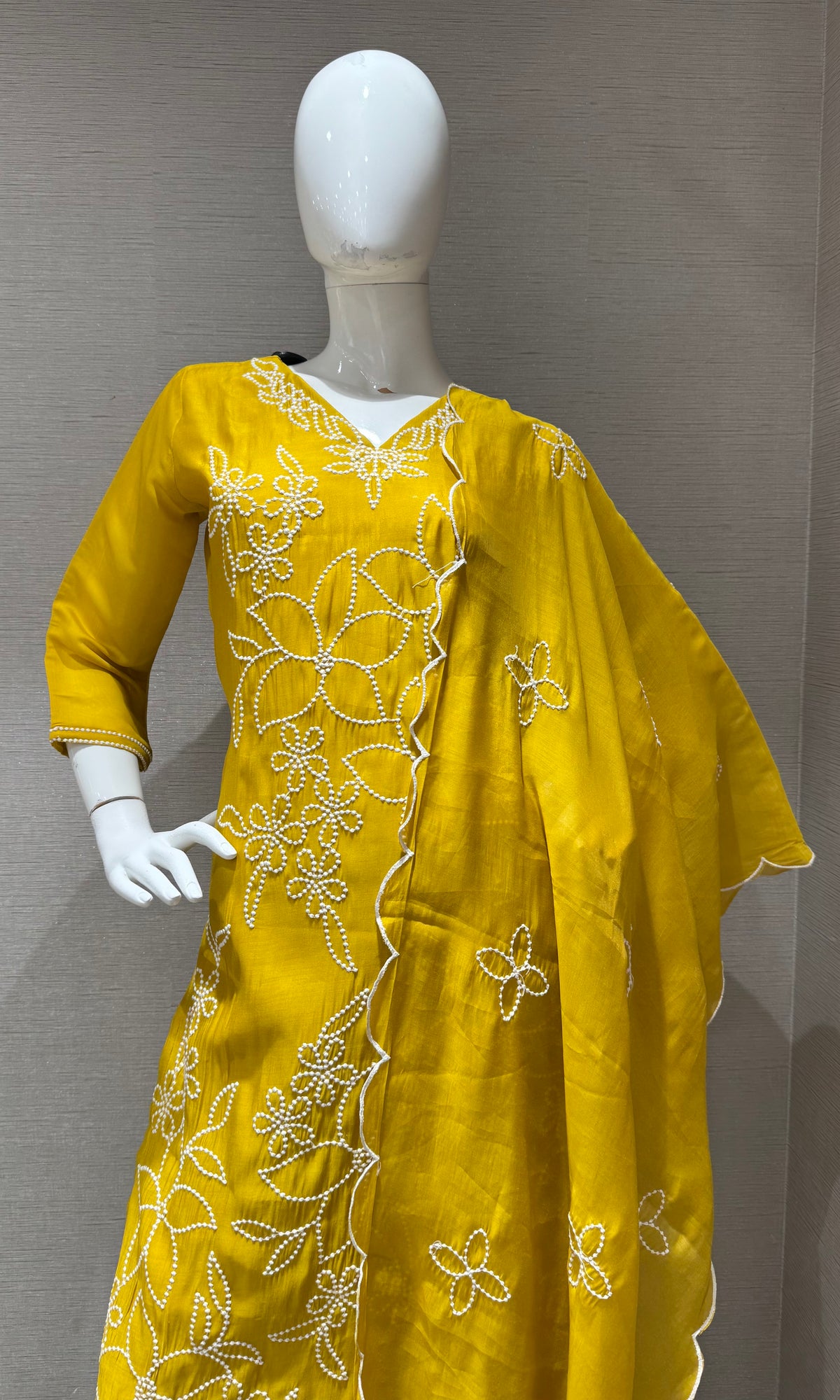 Mustard yellow cotton Thread Floral Kurta set with Dupatta