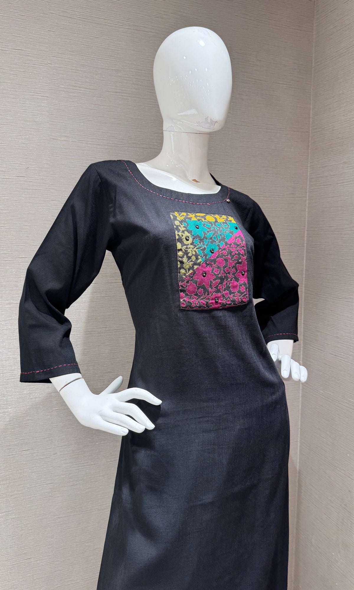 Black Cotton Contrast Multicolor Patchwork Kurti with bottom