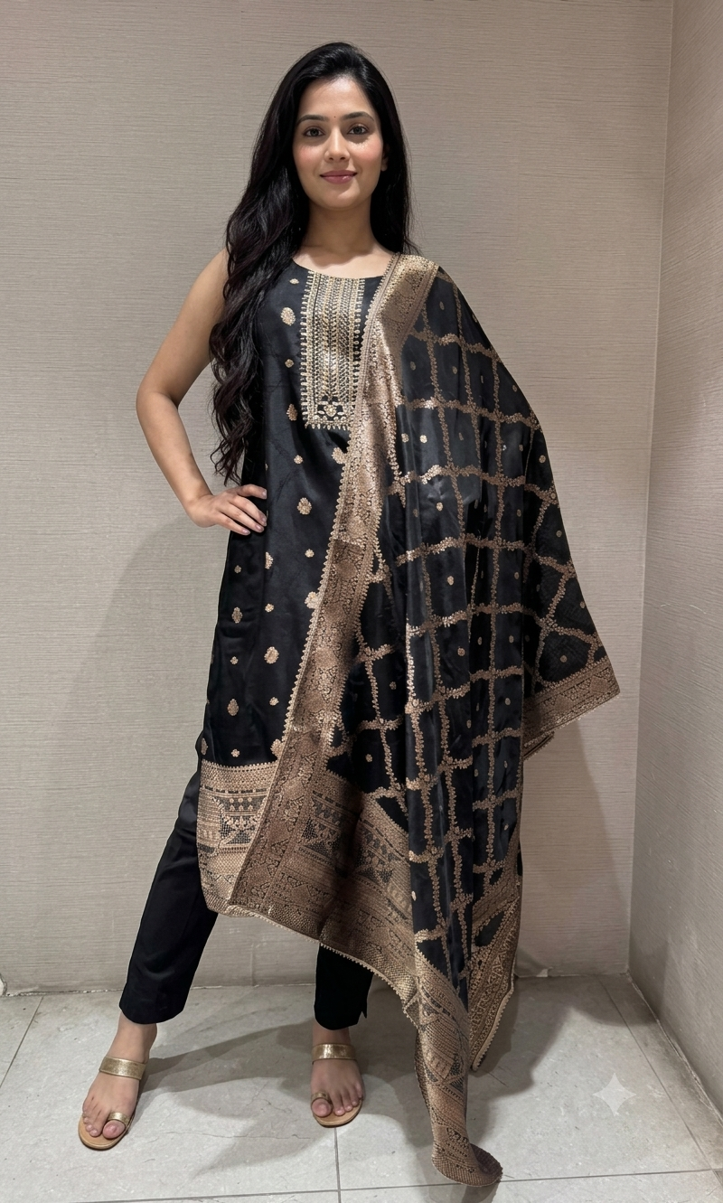Regal Black with Gold Embroidered banarasi kurta set with dupatta