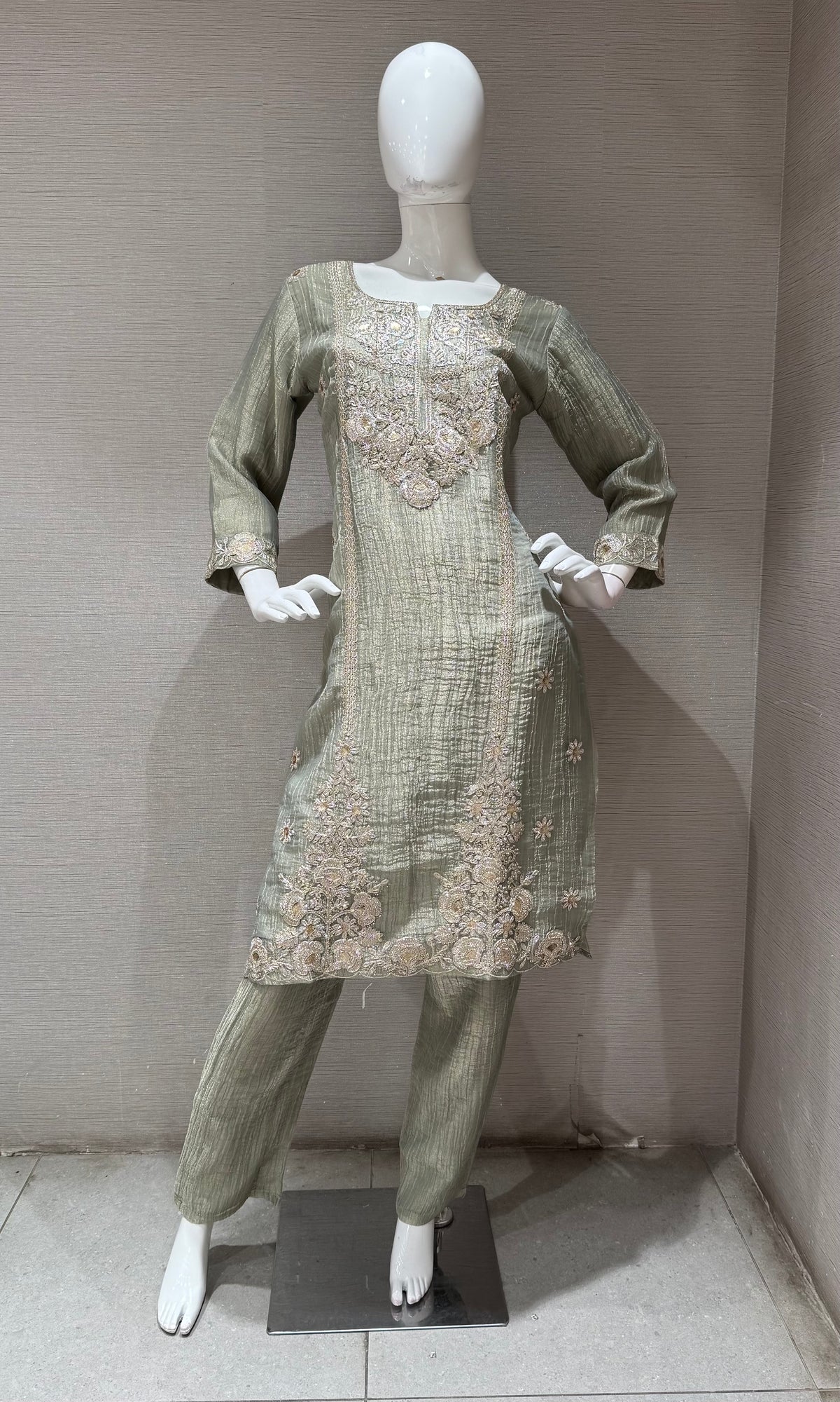 Sage Green Shimmer Kurta Set with Sheer Dupatta