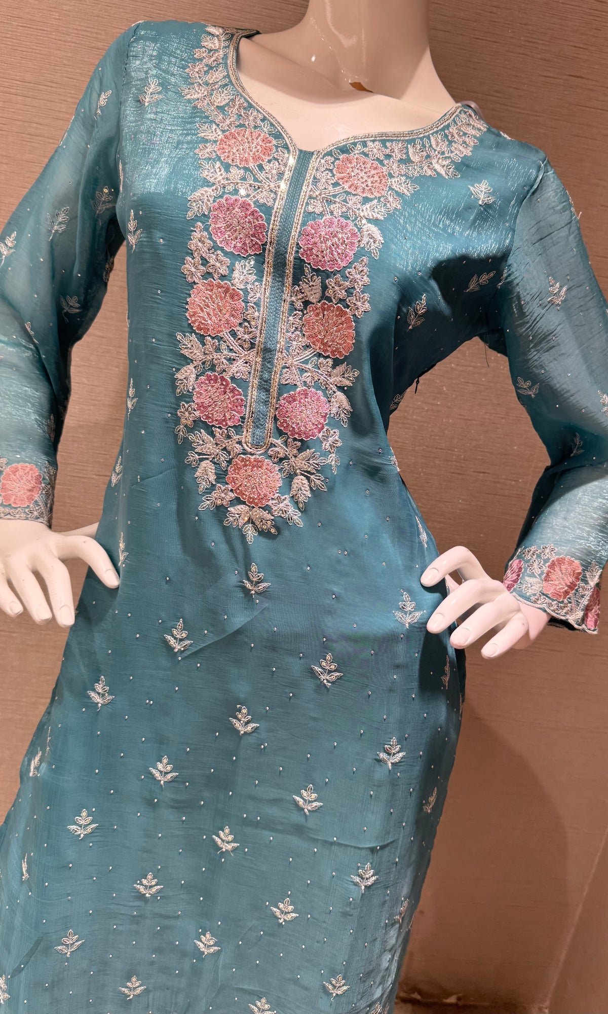 Blue Floral Embroidered Chinon Silk Salwar Kurta Set with Dupatta