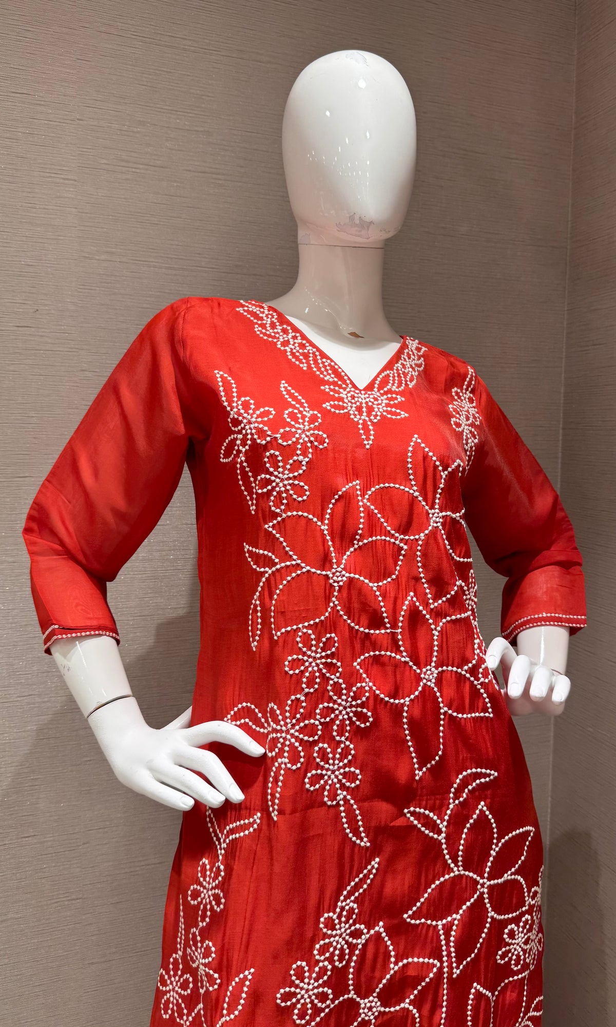 Rust cotton Thread Floral Kurta set with Dupatta