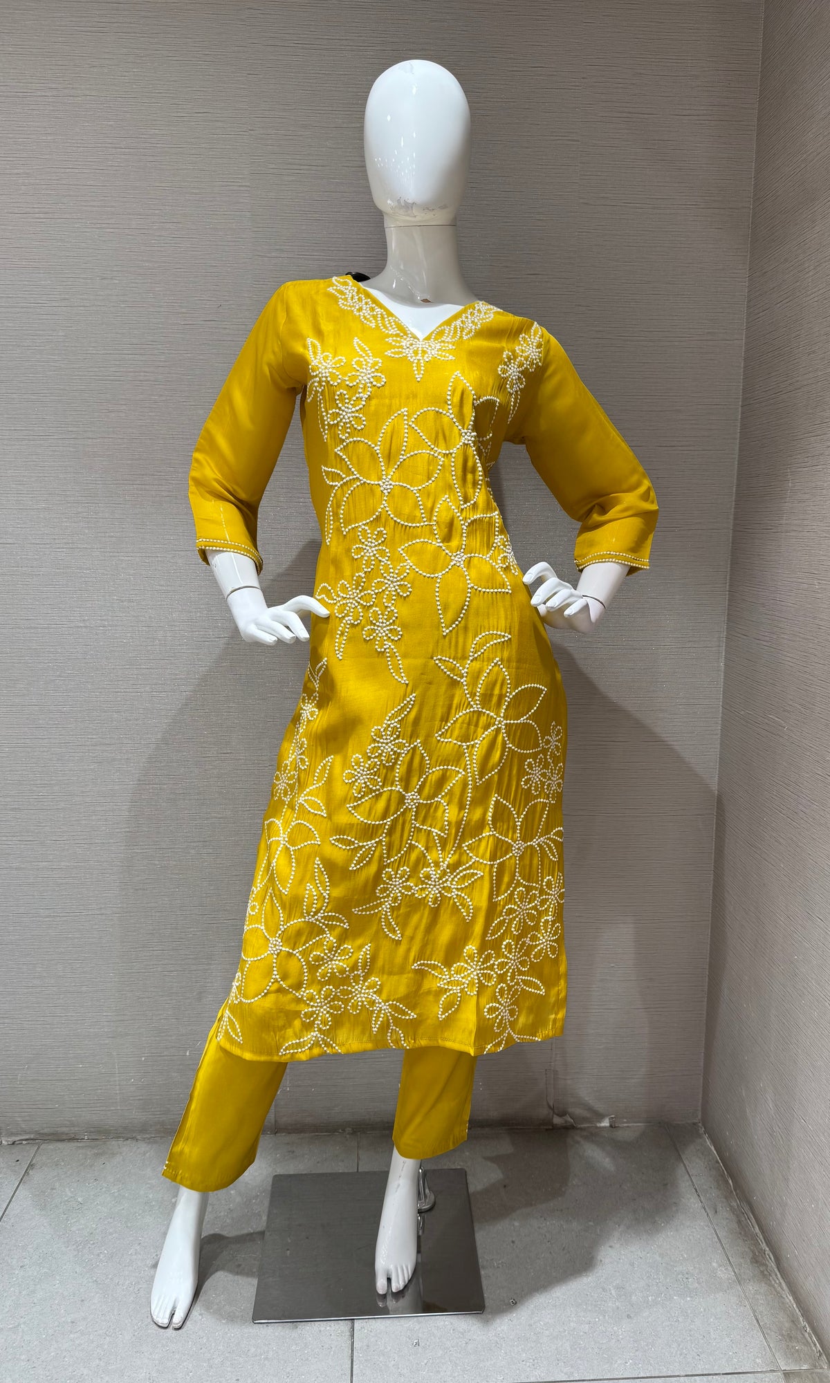 Mustard yellow cotton Thread Floral Kurta set with Dupatta